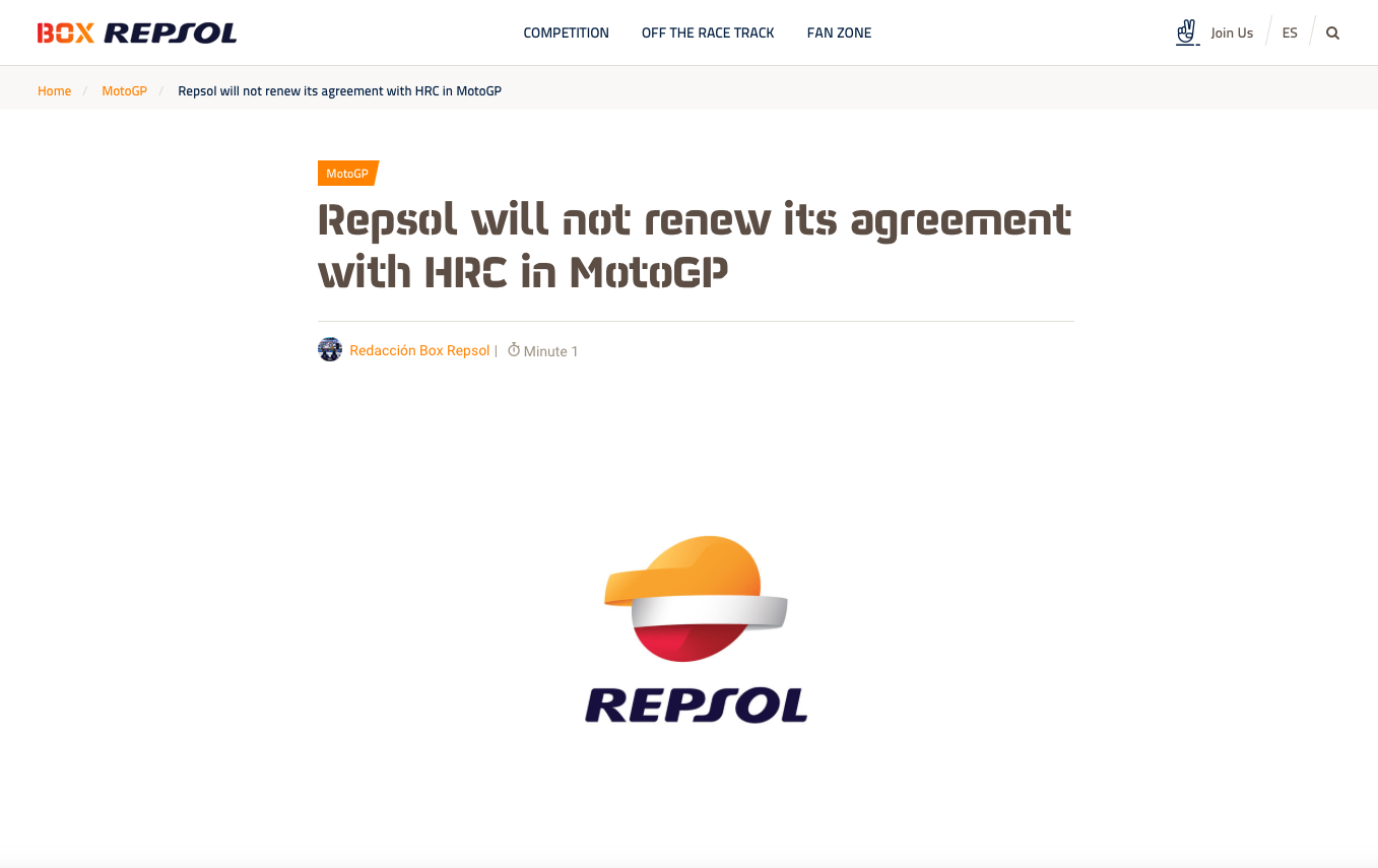 Repsol宣佈在2024年底就結束與Honda MotoGP的贊助合約